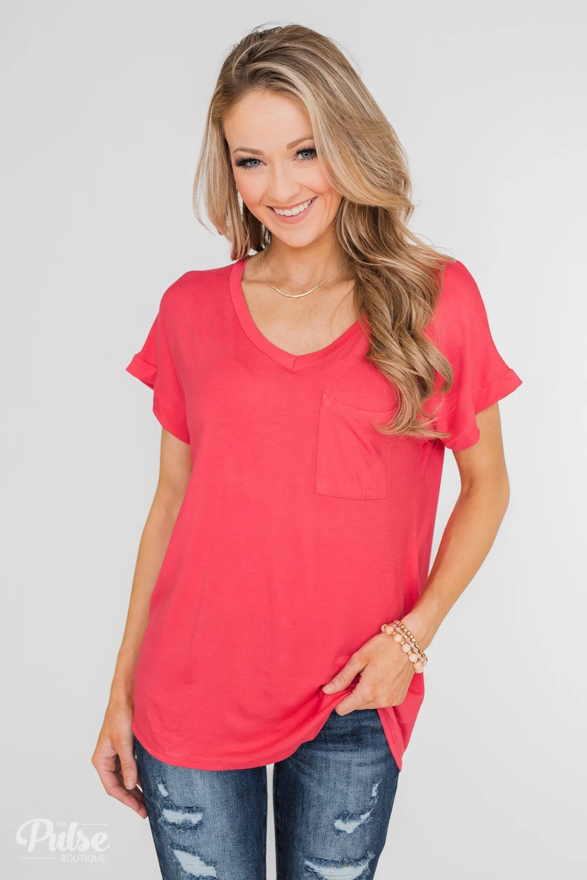 Solid V-Neck Pocket Top- Strawberry Pink