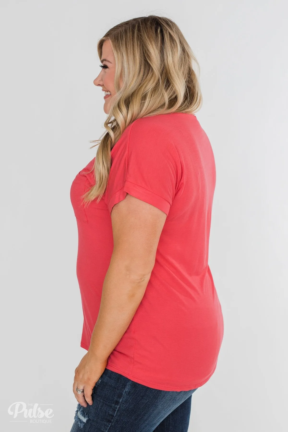 Solid V-Neck Pocket Top- Strawberry Pink