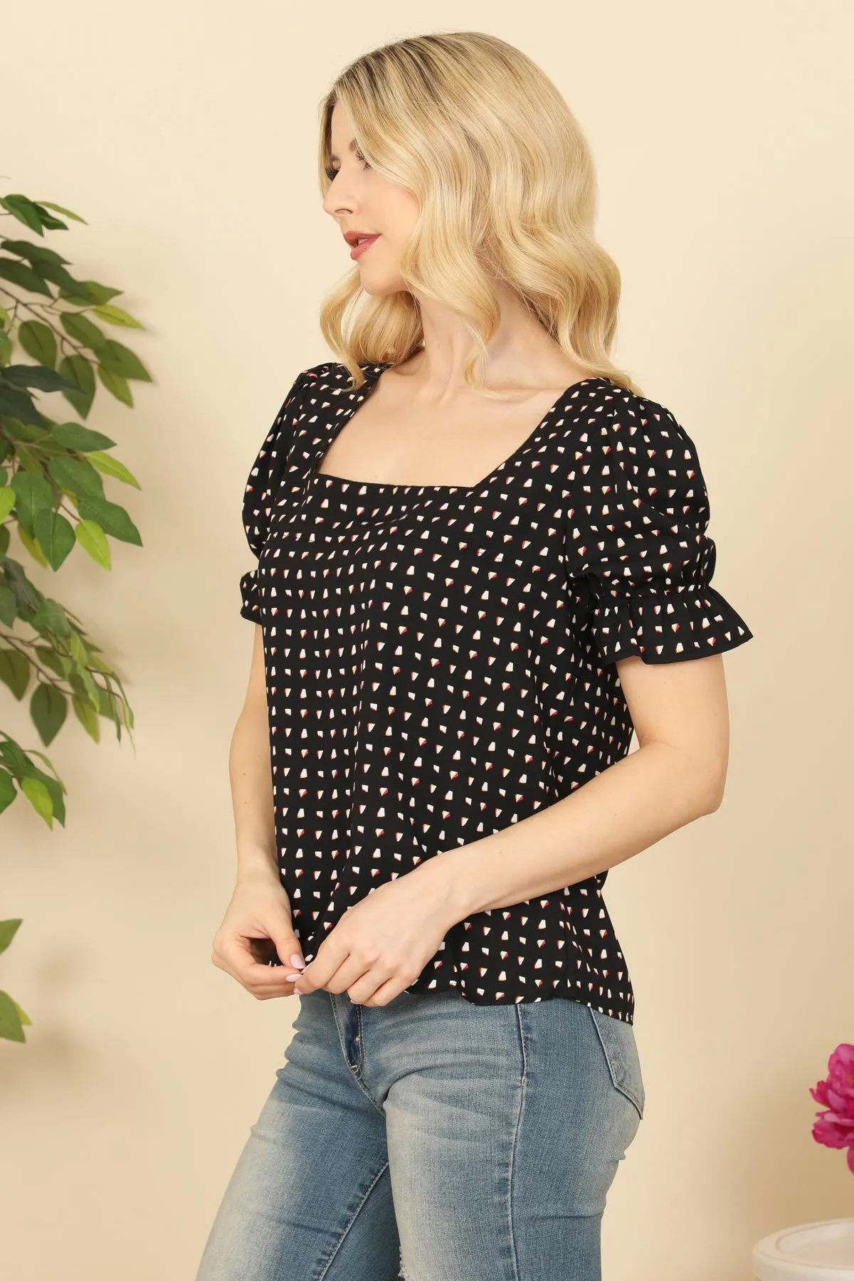 Square Neckline Puff Sleeve Printed Top