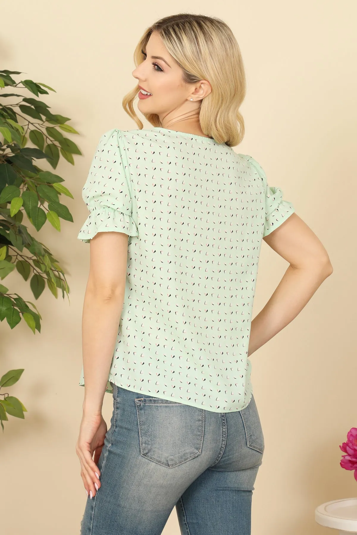 Square Neckline Puff Sleeve Printed Top