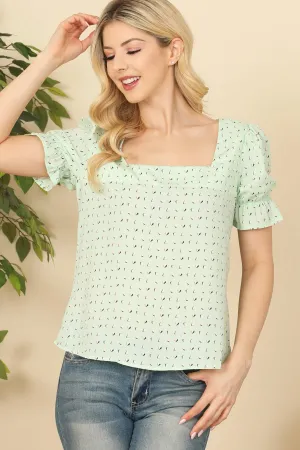 Square Neckline Puff Sleeve Printed Top