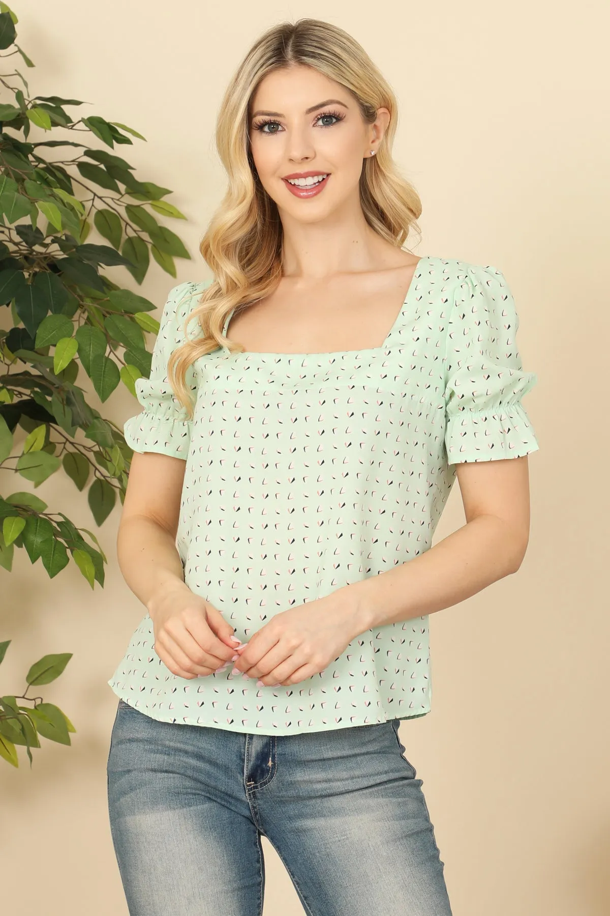 Square Neckline Puff Sleeve Printed Top