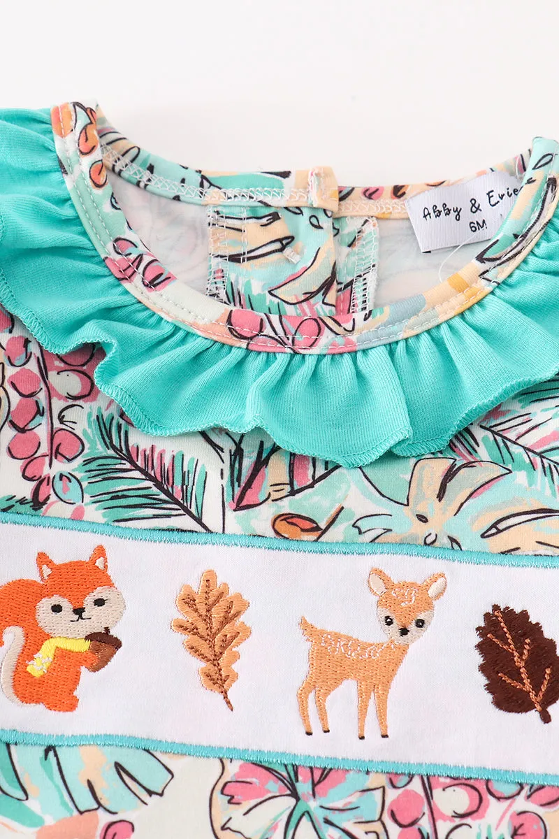 Teal Floral Print Forest Animal Embroidery Girl Romper