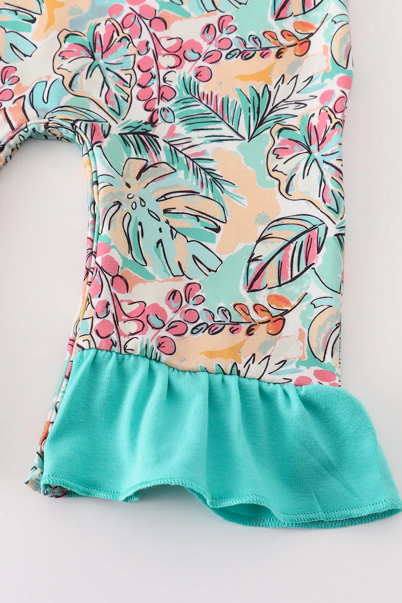 Teal Floral Print Forest Animal Embroidery Girl Romper