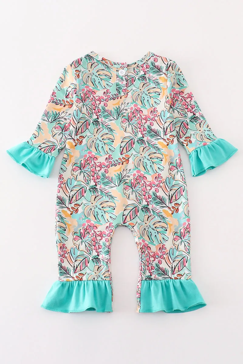 Teal Floral Print Forest Animal Embroidery Girl Romper