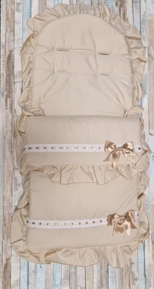 Unisex Baby Beige Broderie Anglaise Lace Footmuff/ Cosytoes With Beige Satin Bow