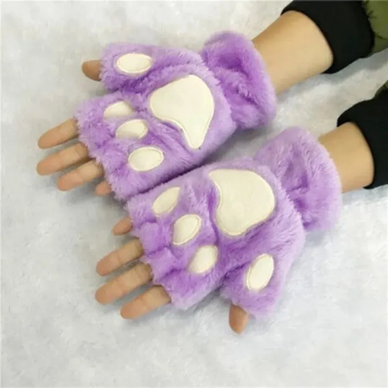 Women  Fashion Girls Cat Claw Paw Plush Mittens Warm Soft Plush Winter Gloves