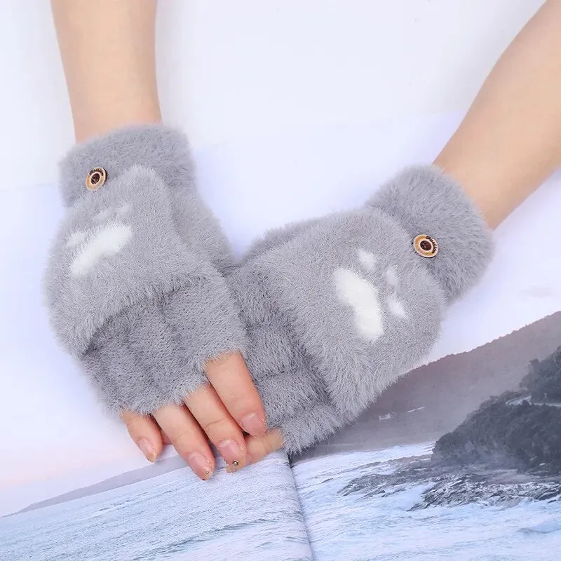 Women  Fashion Girls Cat Claw Paw Plush Mittens Warm Soft Plush Winter Gloves