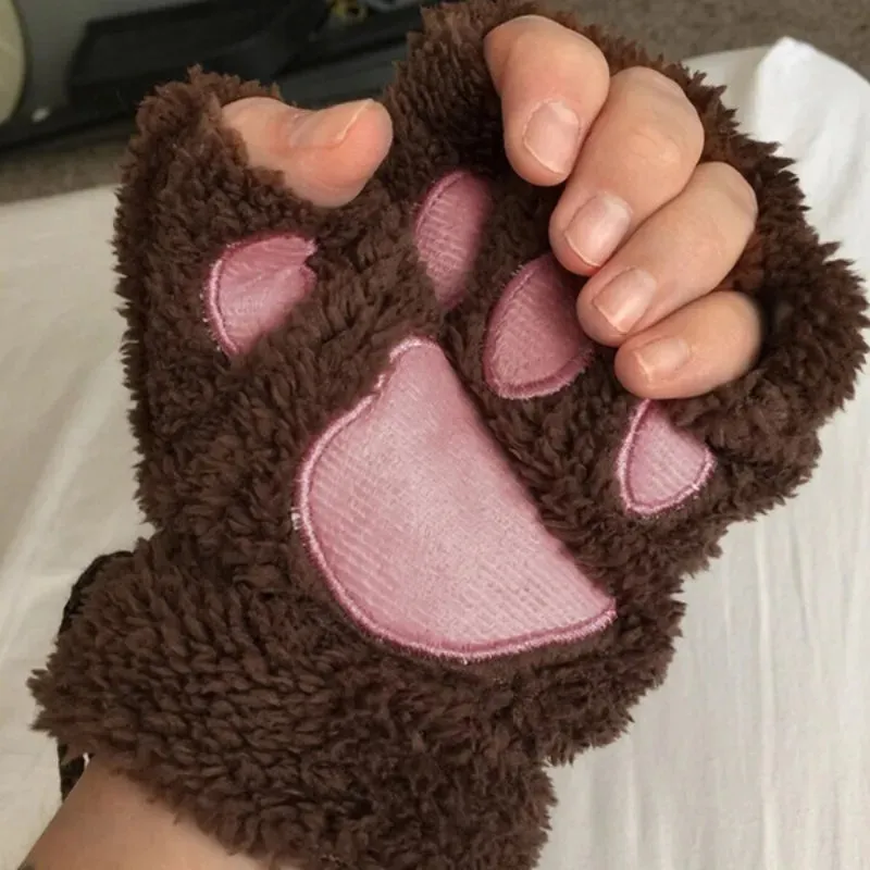 Women  Fashion Girls Cat Claw Paw Plush Mittens Warm Soft Plush Winter Gloves