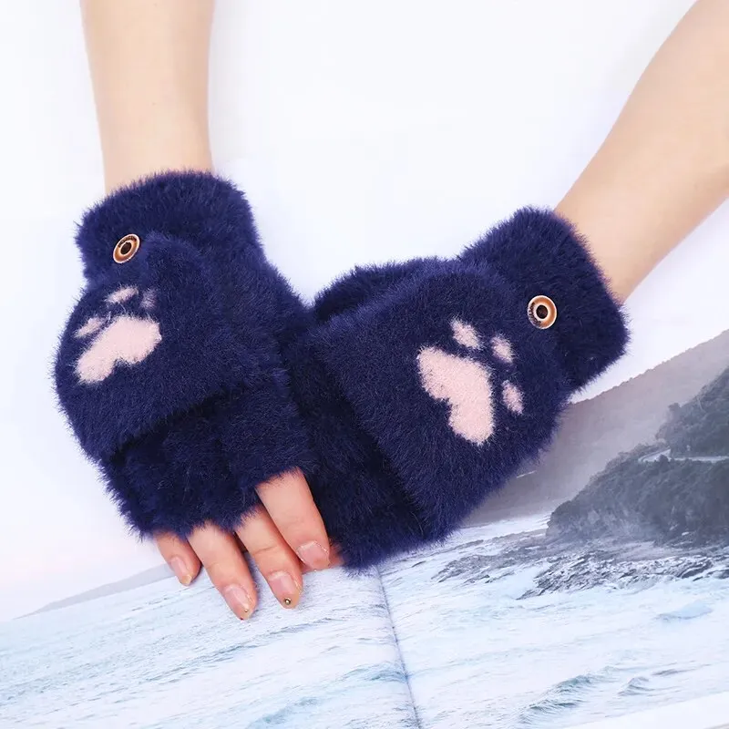 Women  Fashion Girls Cat Claw Paw Plush Mittens Warm Soft Plush Winter Gloves