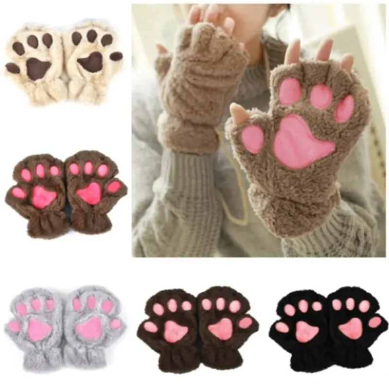 Women  Fashion Girls Cat Claw Paw Plush Mittens Warm Soft Plush Winter Gloves