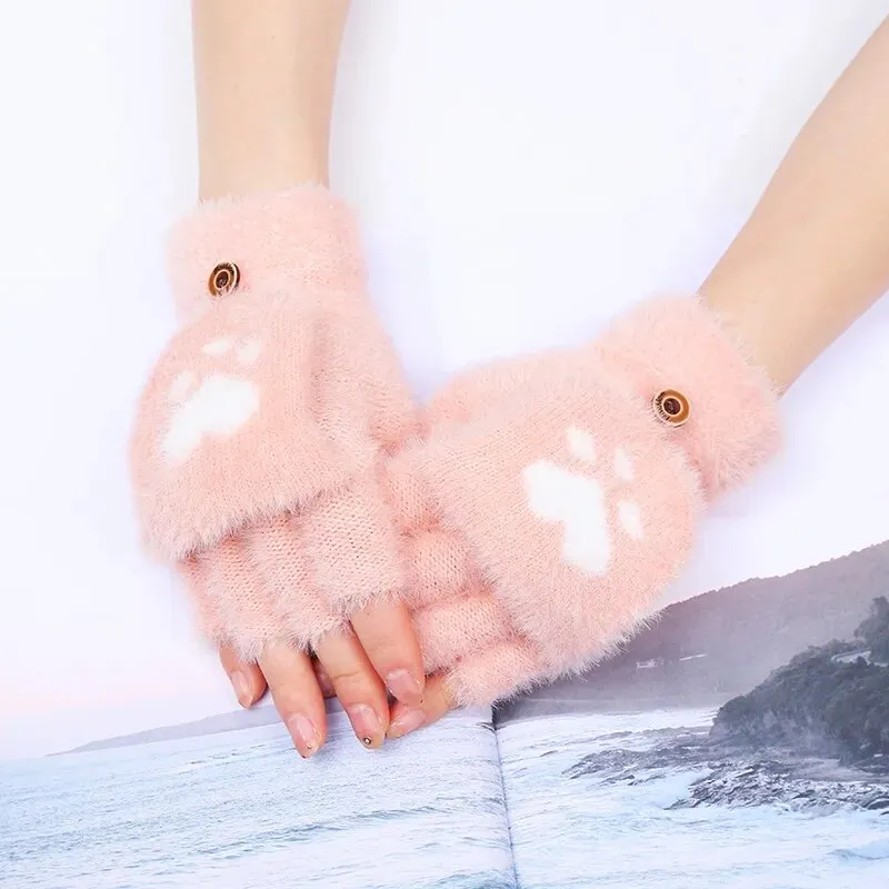 Women  Fashion Girls Cat Claw Paw Plush Mittens Warm Soft Plush Winter Gloves