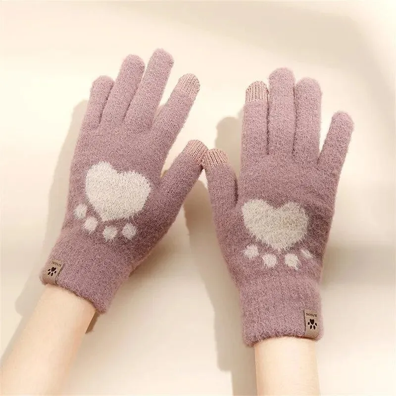 Women  Fashion Girls Cat Claw Paw Plush Mittens Warm Soft Plush Winter Gloves