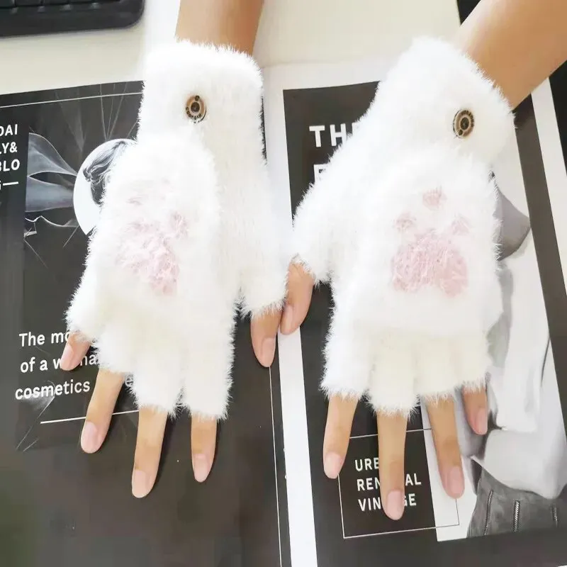 Women  Fashion Girls Cat Claw Paw Plush Mittens Warm Soft Plush Winter Gloves