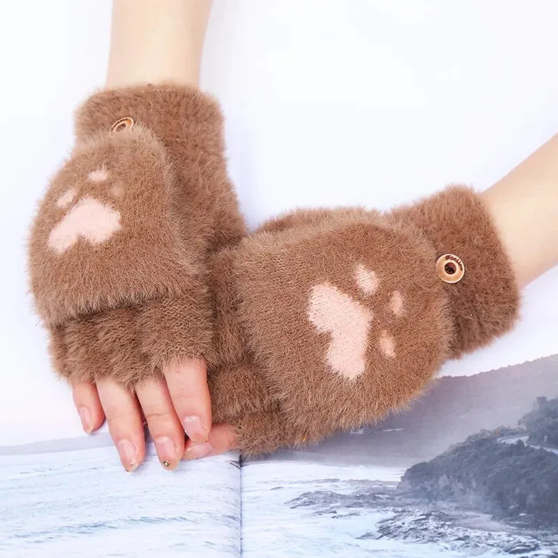 Women  Fashion Girls Cat Claw Paw Plush Mittens Warm Soft Plush Winter Gloves