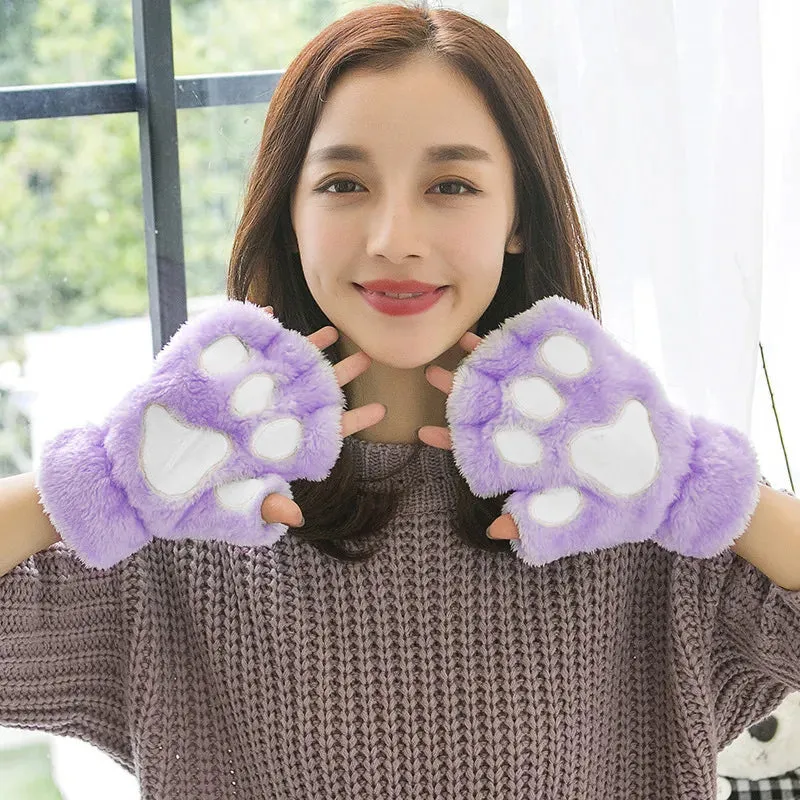 Women  Fashion Girls Cat Claw Paw Plush Mittens Warm Soft Plush Winter Gloves