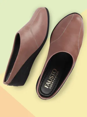 Women Peach Formal Back Open Platform Wedge Heel Slip On Mule Shoes
