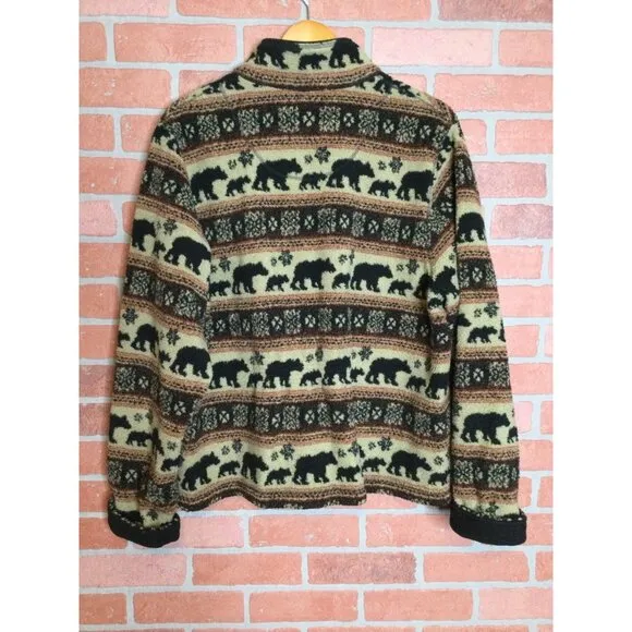 Woolrich Womens Bear Stripe Fleece Zip Up Jacket Size XL All Over Pattern Nature
