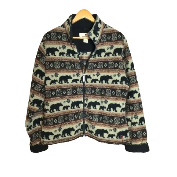 Woolrich Womens Bear Stripe Fleece Zip Up Jacket Size XL All Over Pattern Nature